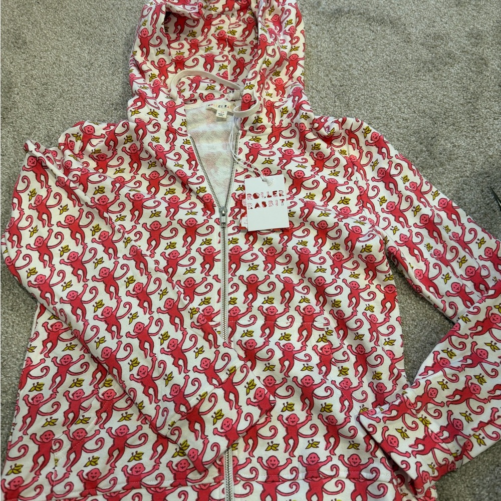 Roller Rabbit Pink and Red Monkey Print Zip Up Hoodie NWT XS